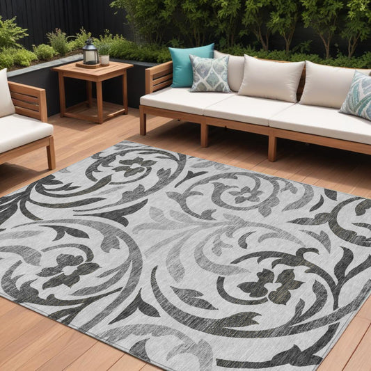 8' X 10' Gray Charcoal And Silver Floral Washable Indoor Outdoor Area Rug