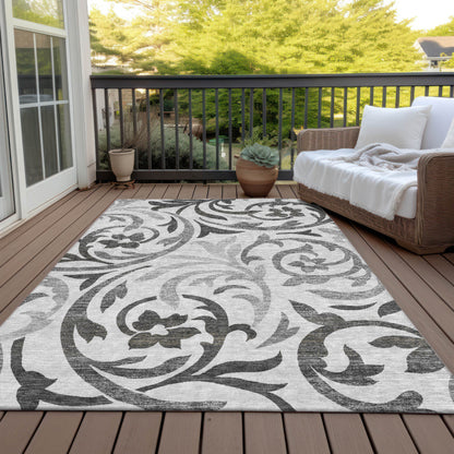 8' X 10' Gray Charcoal And Silver Floral Washable Indoor Outdoor Area Rug