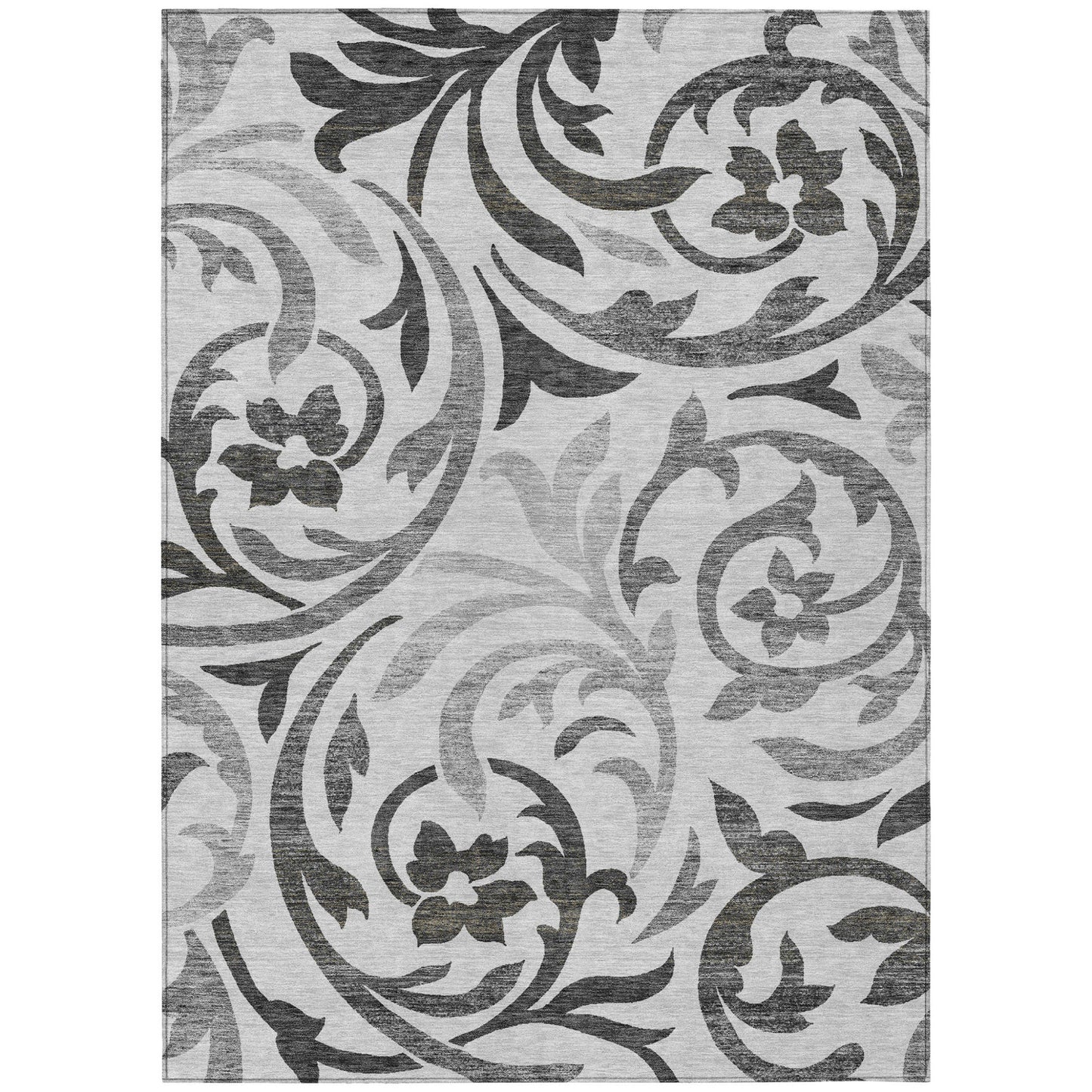 8' X 10' Gray Charcoal And Silver Floral Washable Indoor Outdoor Area Rug