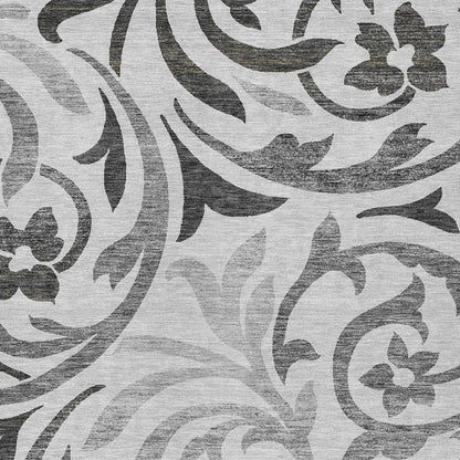 8' X 10' Gray Charcoal And Silver Floral Washable Indoor Outdoor Area Rug