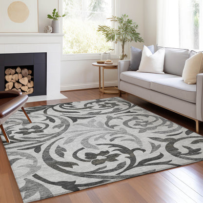 8' X 10' Gray Charcoal And Silver Floral Washable Indoor Outdoor Area Rug