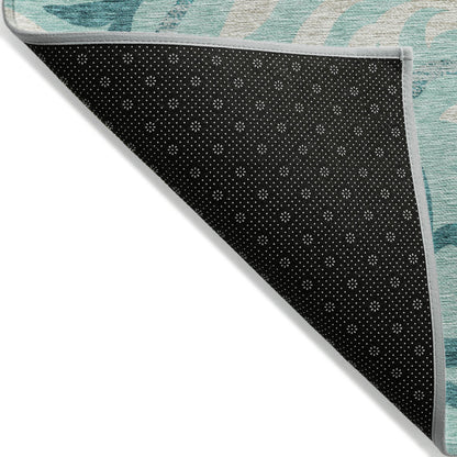10' X 14' Teal Blue Aqua And Beige Floral Washable Indoor Outdoor Area Rug