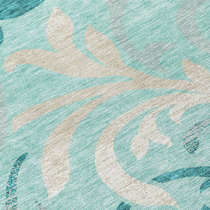 10' X 14' Teal Blue Aqua And Beige Floral Washable Indoor Outdoor Area Rug