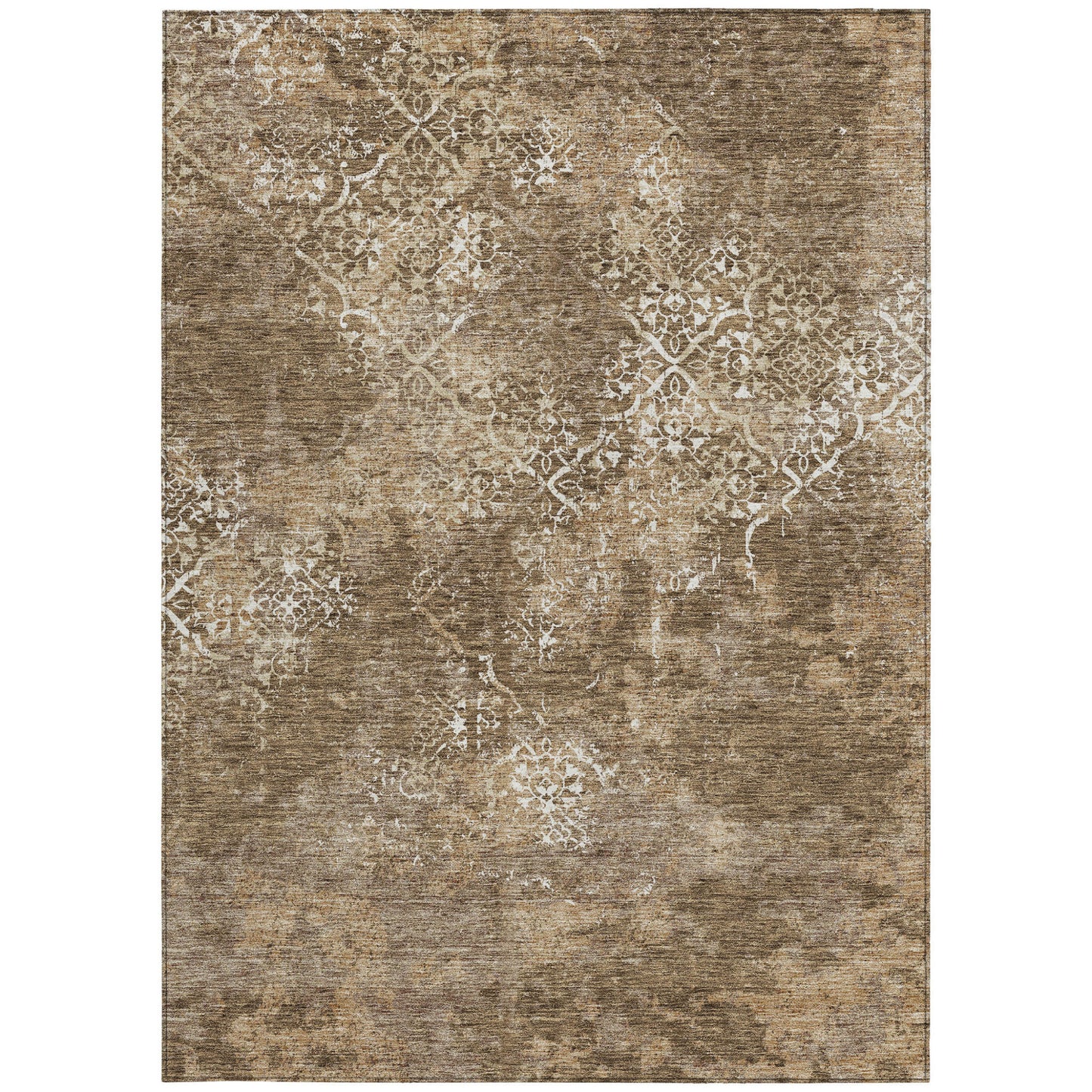 9' X 12' Brown Taupe And Ivory Floral Washable Indoor Outdoor Area Rug
