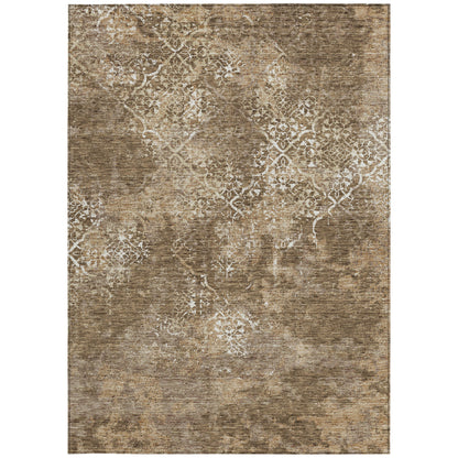 9' X 12' Brown Taupe And Ivory Floral Washable Indoor Outdoor Area Rug