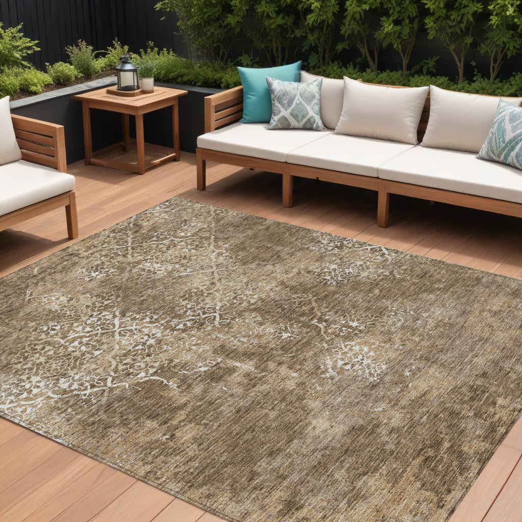 9' X 12' Brown Taupe And Ivory Floral Washable Indoor Outdoor Area Rug