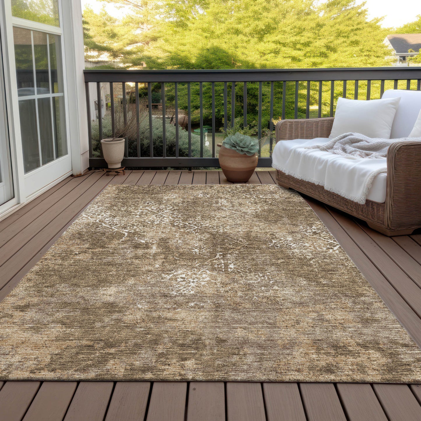 9' X 12' Brown Taupe And Ivory Floral Washable Indoor Outdoor Area Rug