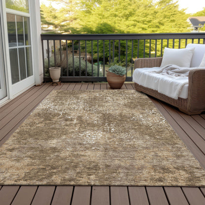 9' X 12' Brown Taupe And Ivory Floral Washable Indoor Outdoor Area Rug