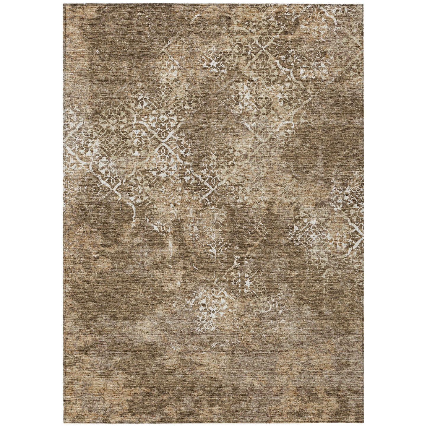 9' X 12' Brown Taupe And Ivory Floral Washable Indoor Outdoor Area Rug