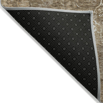 9' X 12' Brown Taupe And Ivory Floral Washable Indoor Outdoor Area Rug