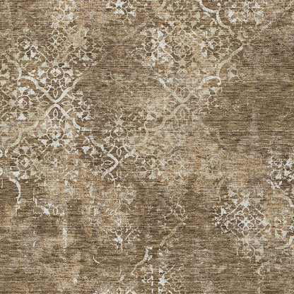 9' X 12' Brown Taupe And Ivory Floral Washable Indoor Outdoor Area Rug