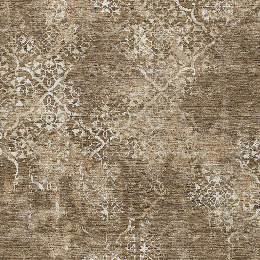 9' X 12' Brown Taupe And Ivory Floral Washable Indoor Outdoor Area Rug