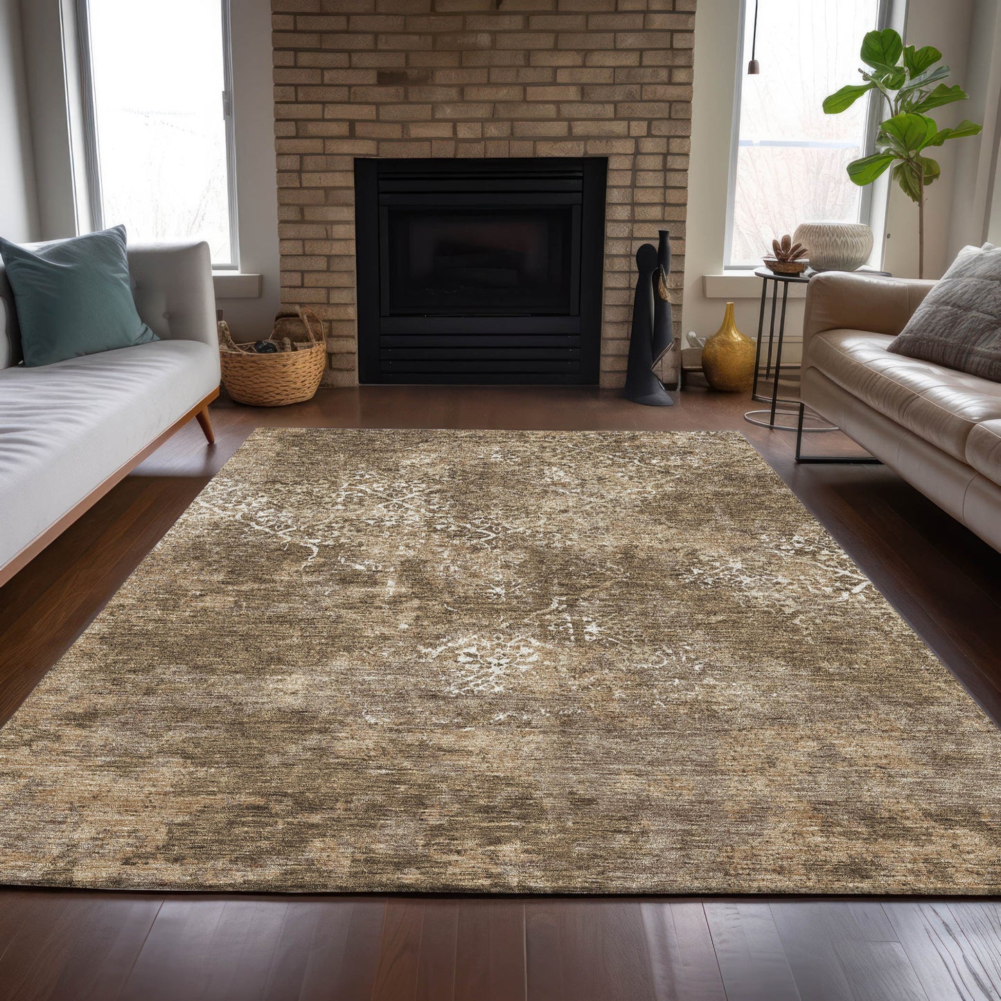 9' X 12' Brown Taupe And Ivory Floral Washable Indoor Outdoor Area Rug