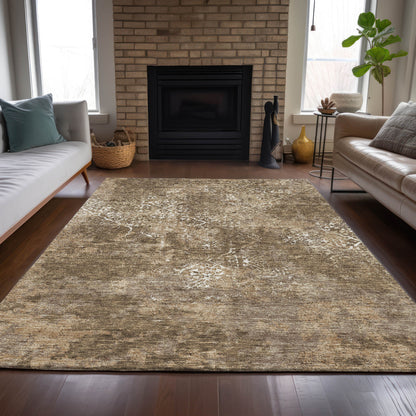 9' X 12' Brown Taupe And Ivory Floral Washable Indoor Outdoor Area Rug