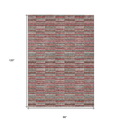 8' X 10' Red Beige And Copper Striped Washable Indoor Outdoor Area Rug
