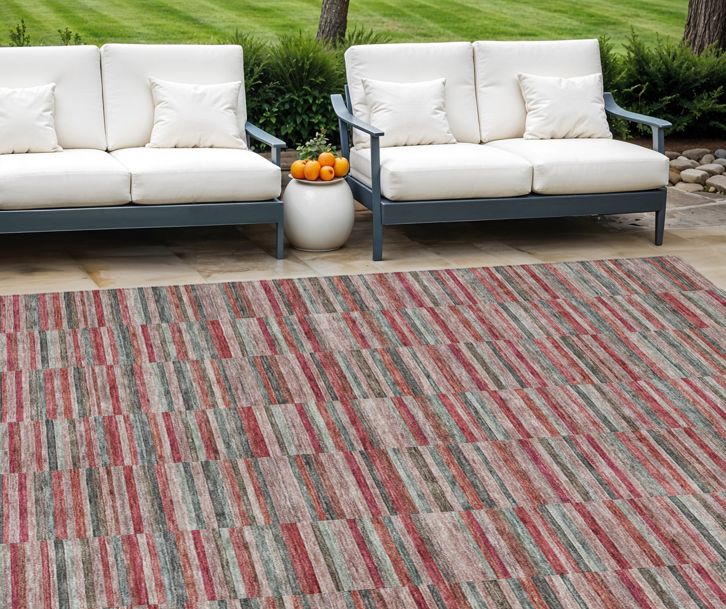8' X 10' Red Beige And Copper Striped Washable Indoor Outdoor Area Rug