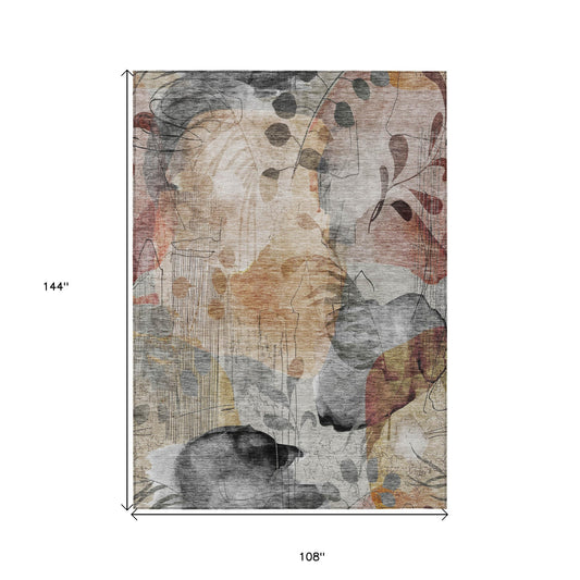 9' X 12' Terra Cotta Copper And Beige Floral Washable Indoor Outdoor Area Rug