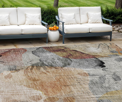 9' X 12' Terra Cotta Copper And Beige Floral Washable Indoor Outdoor Area Rug