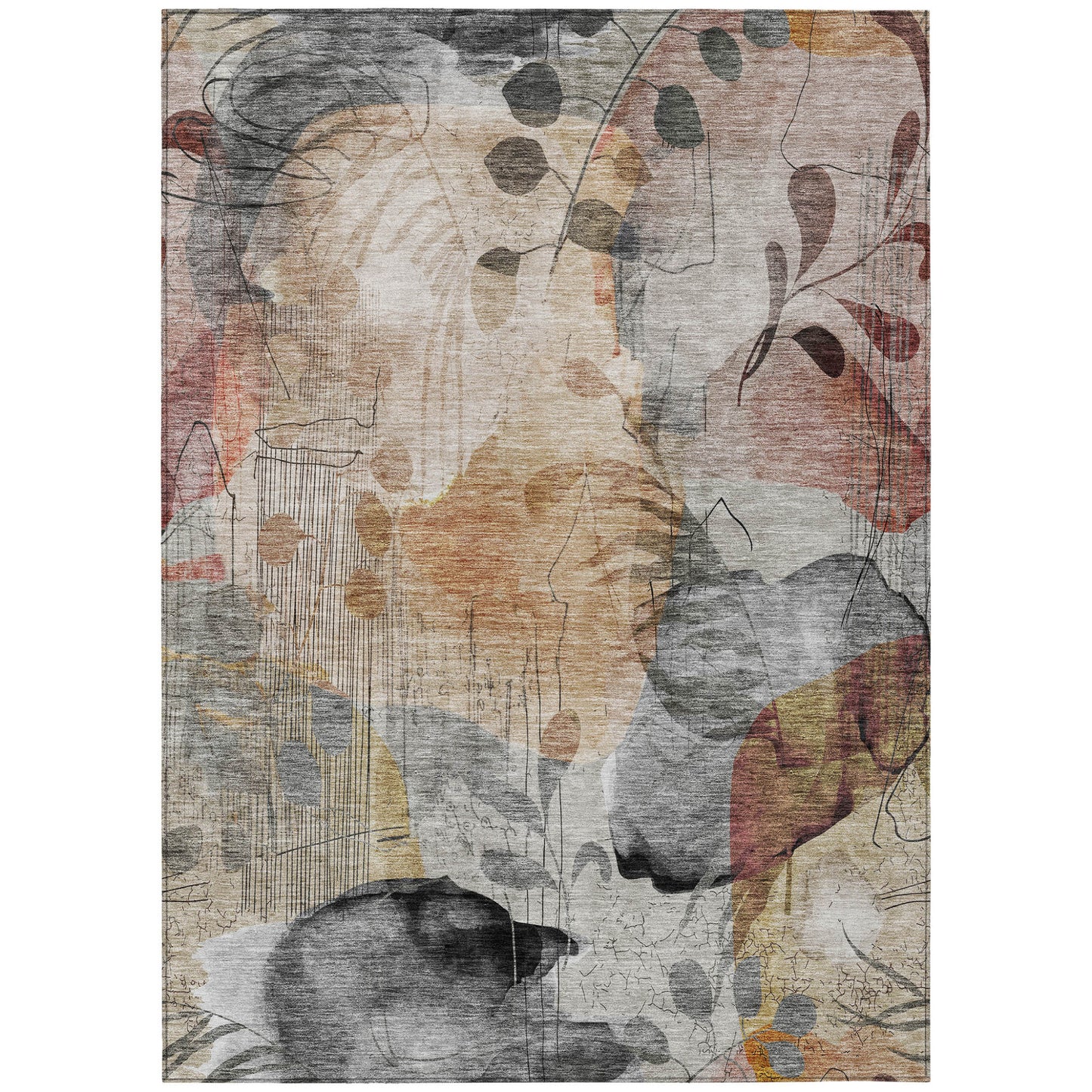 9' X 12' Terra Cotta Copper And Beige Floral Washable Indoor Outdoor Area Rug
