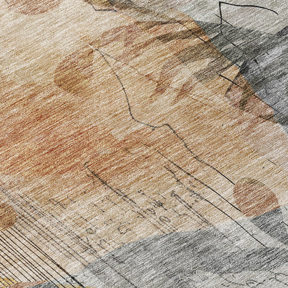 9' X 12' Terra Cotta Copper And Beige Floral Washable Indoor Outdoor Area Rug