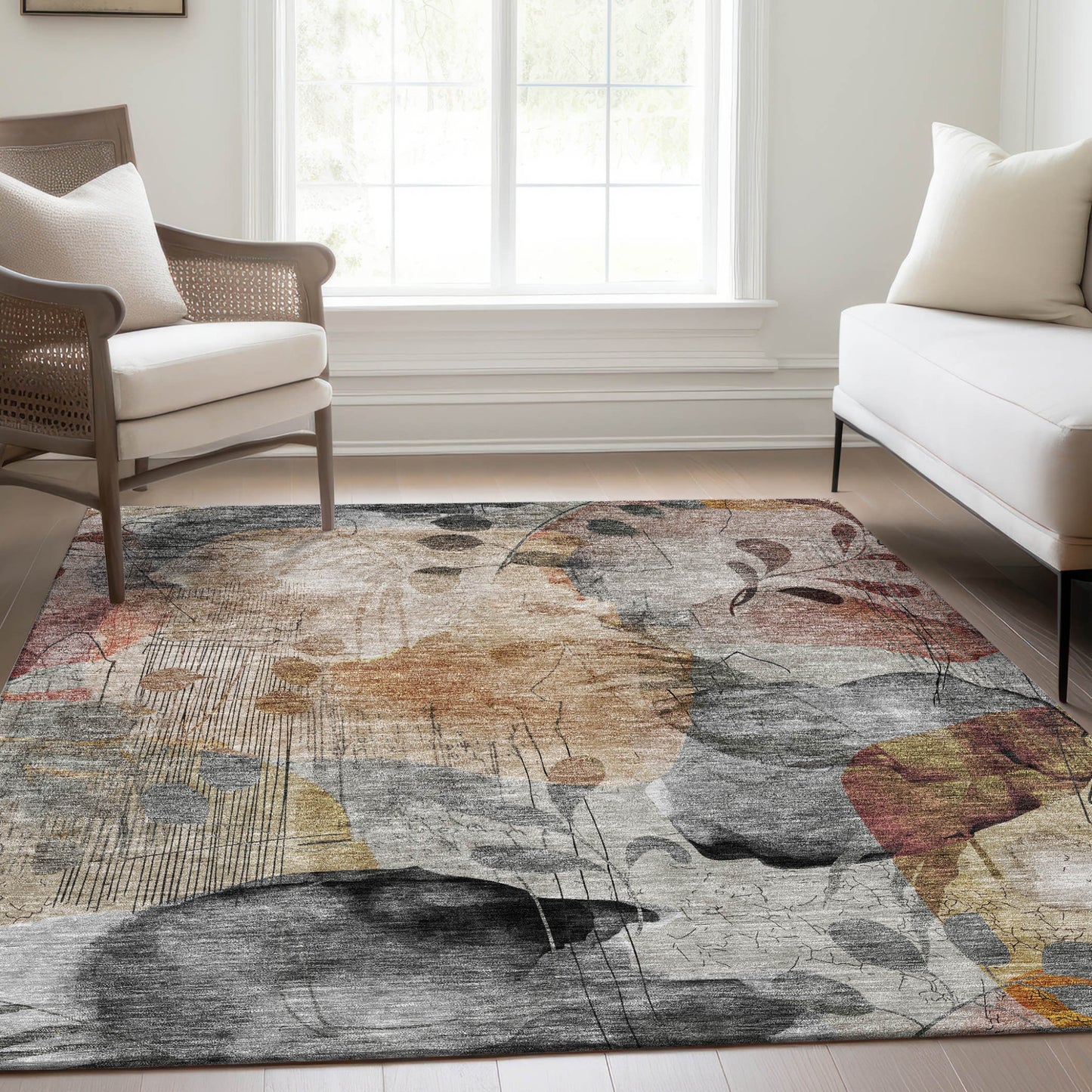 9' X 12' Terra Cotta Copper And Beige Floral Washable Indoor Outdoor Area Rug