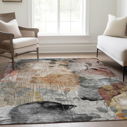 9' X 12' Terra Cotta Copper And Beige Floral Washable Indoor Outdoor Area Rug