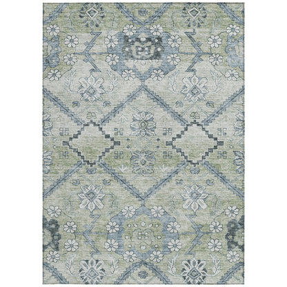 10' X 14' Artichoke Green Denim Blue And Silver Floral Washable Indoor Outdoor Area Rug