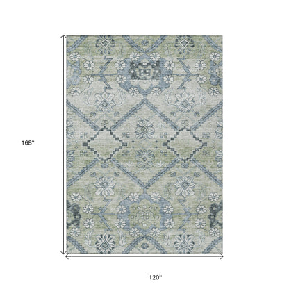 10' X 14' Artichoke Green Denim Blue And Silver Floral Washable Indoor Outdoor Area Rug