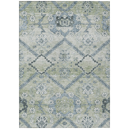 10' X 14' Artichoke Green Denim Blue And Silver Floral Washable Indoor Outdoor Area Rug