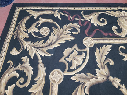 Black and Tan Aubusson Rug, 10 x 14 Aubusson Carpet, New Aubusson Rug, Elegant, Wool, Handmade Area Rug, Flatweave Rug, Large Aubusson Rug