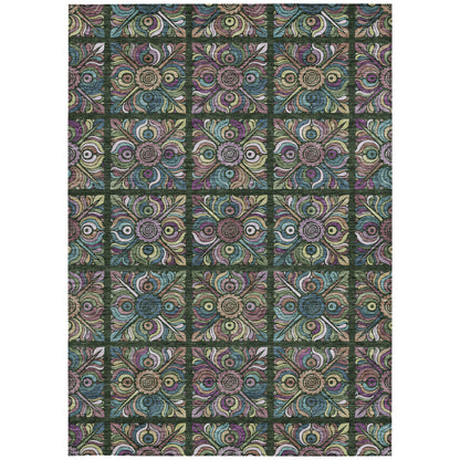 3' X 5' Fern Green Purple And Teal Blue Medallion Washable Indoor Outdoor Area Rug
