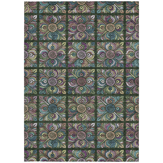 3' X 5' Fern Green Purple And Teal Blue Medallion Washable Indoor Outdoor Area Rug