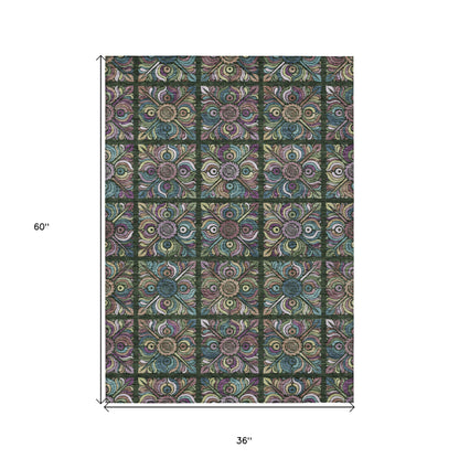 3' X 5' Fern Green Purple And Teal Blue Medallion Washable Indoor Outdoor Area Rug
