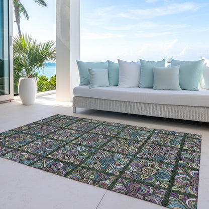 3' X 5' Fern Green Purple And Teal Blue Medallion Washable Indoor Outdoor Area Rug