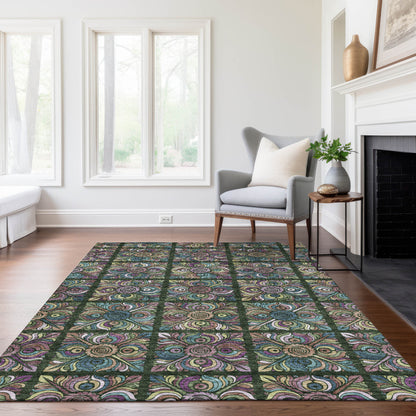3' X 5' Fern Green Purple And Teal Blue Medallion Washable Indoor Outdoor Area Rug
