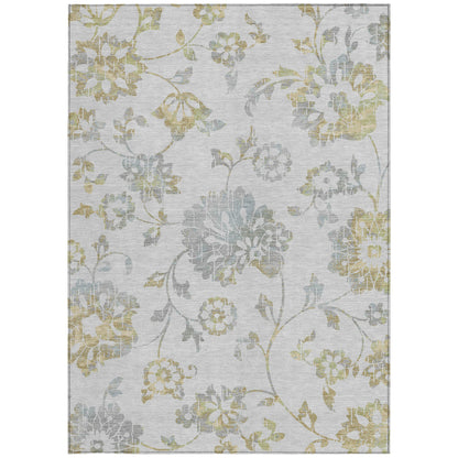 10' X 14' Silver Gray And Gold Floral Washable Indoor Outdoor Area Rug