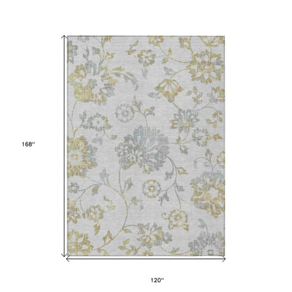 10' X 14' Silver Gray And Gold Floral Washable Indoor Outdoor Area Rug