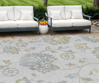 10' X 14' Silver Gray And Gold Floral Washable Indoor Outdoor Area Rug