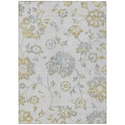 10' X 14' Silver Gray And Gold Floral Washable Indoor Outdoor Area Rug