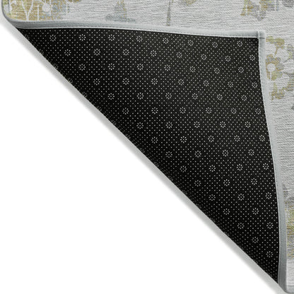 10' X 14' Silver Gray And Gold Floral Washable Indoor Outdoor Area Rug