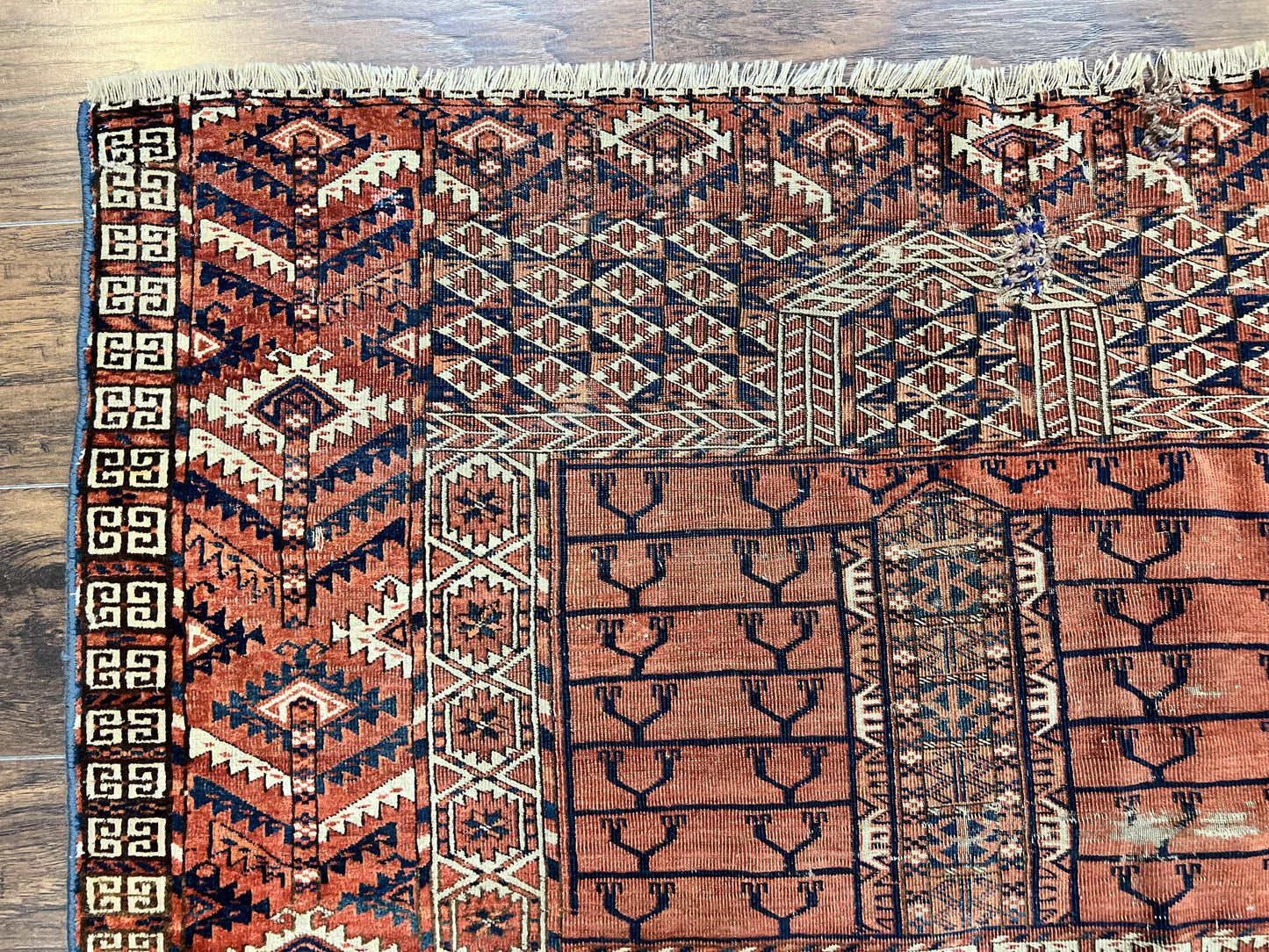 Antique Turkoman Rug 4x4, Hatchli Square Carpet, Wool Handmade Four Season Yamud Design Rug, Red Bohemian Tribal Rug, Engsi Tekkeh Rug