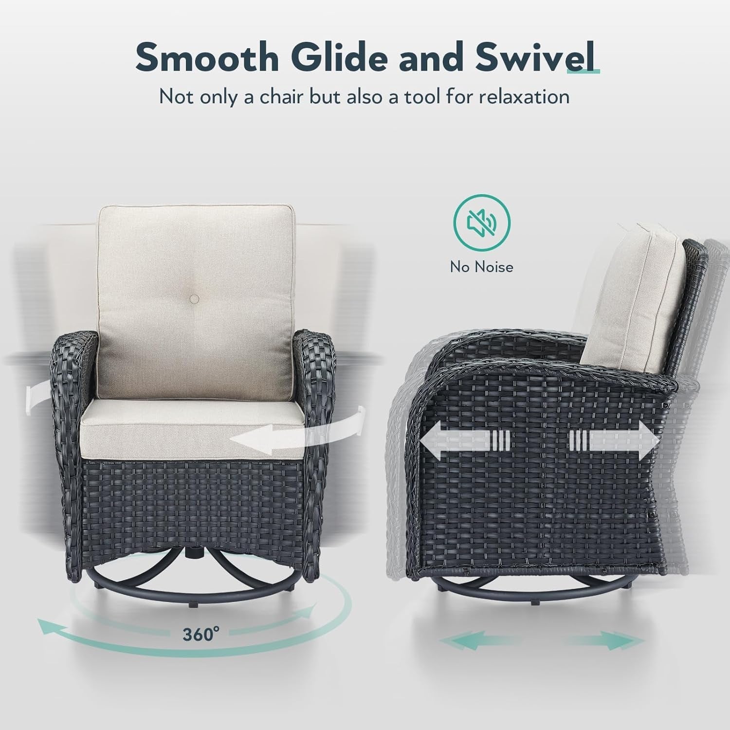 Outdoor Swivel Glider Rocker Chairs Set of 4 - Wicker Patio Furniture Set All Weather Patio Conversatio Sets with 2 Tempered Glass Side Table for Deck Backyard - Black Wicker Beige Cushion-2