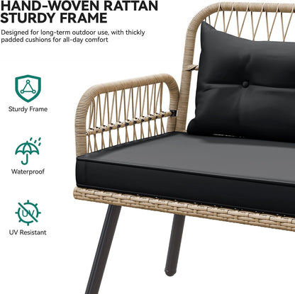 Patio Wicker L-Shaped Furniture Set, All-Weather Rattan Outdoor Conversation Sofa Set for Backyard Deck with Soft Cushions,Ottomans and Plastic Wood Dining Table (Light Brown+Black)-4