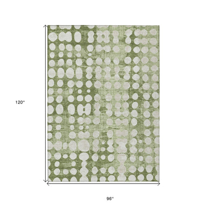 8' X 10' Artichoke Green And Ivory Abstract Washable Indoor Outdoor Area Rug