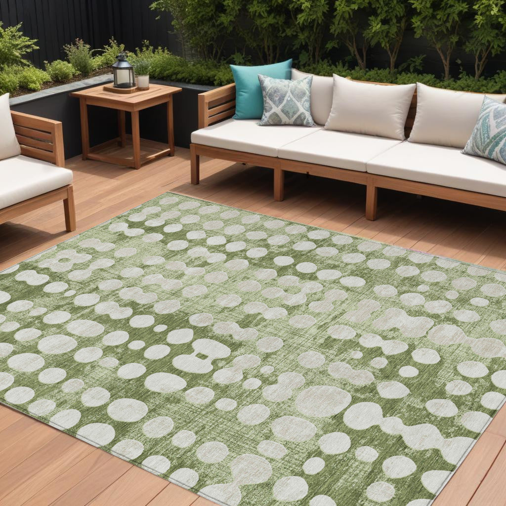 8' X 10' Artichoke Green And Ivory Abstract Washable Indoor Outdoor Area Rug