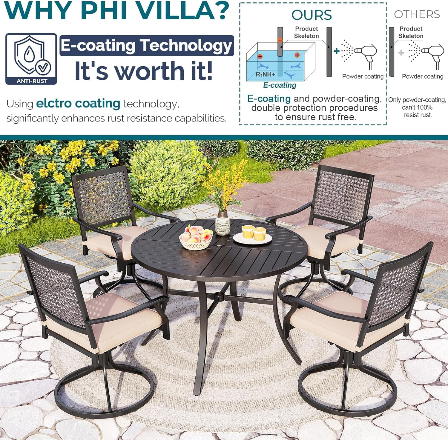 Outdoor Modern round Dining Table Set for 4 Dining Swivel Chairs Patio Furniture Set of 5, Metal Patio Circle Table with Umbrella Hole & Wrought Iron Dining Chairs with Cushion Backyard-1