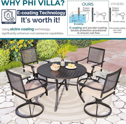 Outdoor Modern round Dining Table Set for 4 Dining Swivel Chairs Patio Furniture Set of 5, Metal Patio Circle Table with Umbrella Hole & Wrought Iron Dining Chairs with Cushion Backyard-1