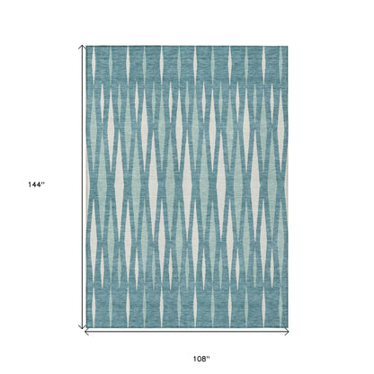 9' X 12' Teal Blue And Ivory Geometric Washable Indoor Outdoor Area Rug
