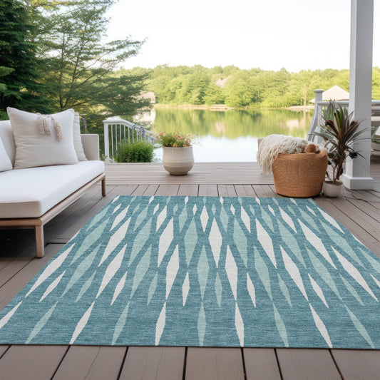 9' X 12' Teal Blue And Ivory Geometric Washable Indoor Outdoor Area Rug