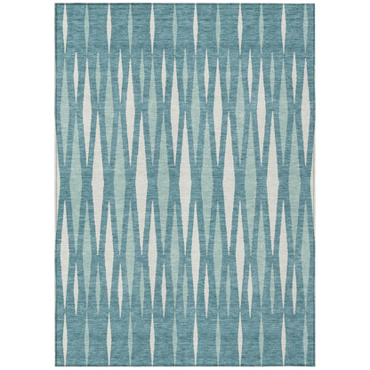 9' X 12' Teal Blue And Ivory Geometric Washable Indoor Outdoor Area Rug